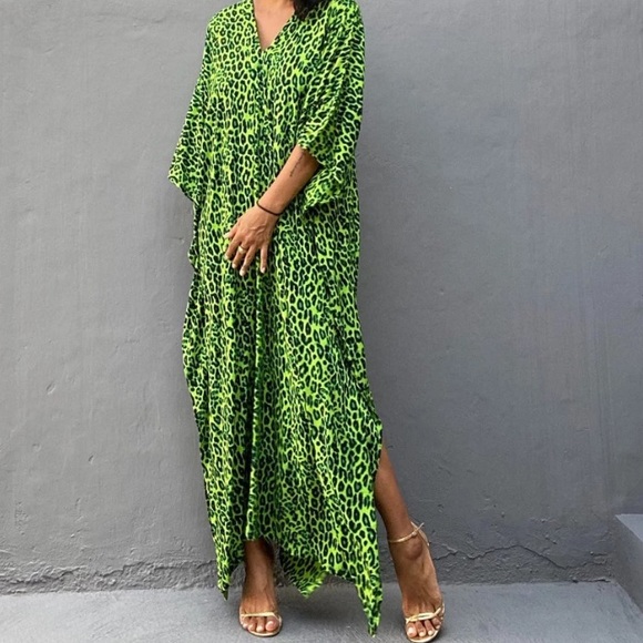 SOLD OUT Lime Green Leopard Animal Print V-Neck Long Maxi Kaftan Kimono Dress - Picture 2 of 8